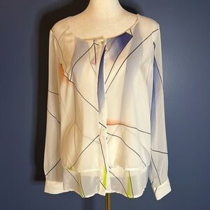 Worthington Petite L- sheer layered long sleeve blouse w dramatic modern pattern